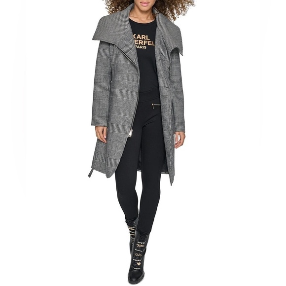 KARL LAGERFELD PARIS Women's Houndstooth Wrap Coat - Picture 2 of 9